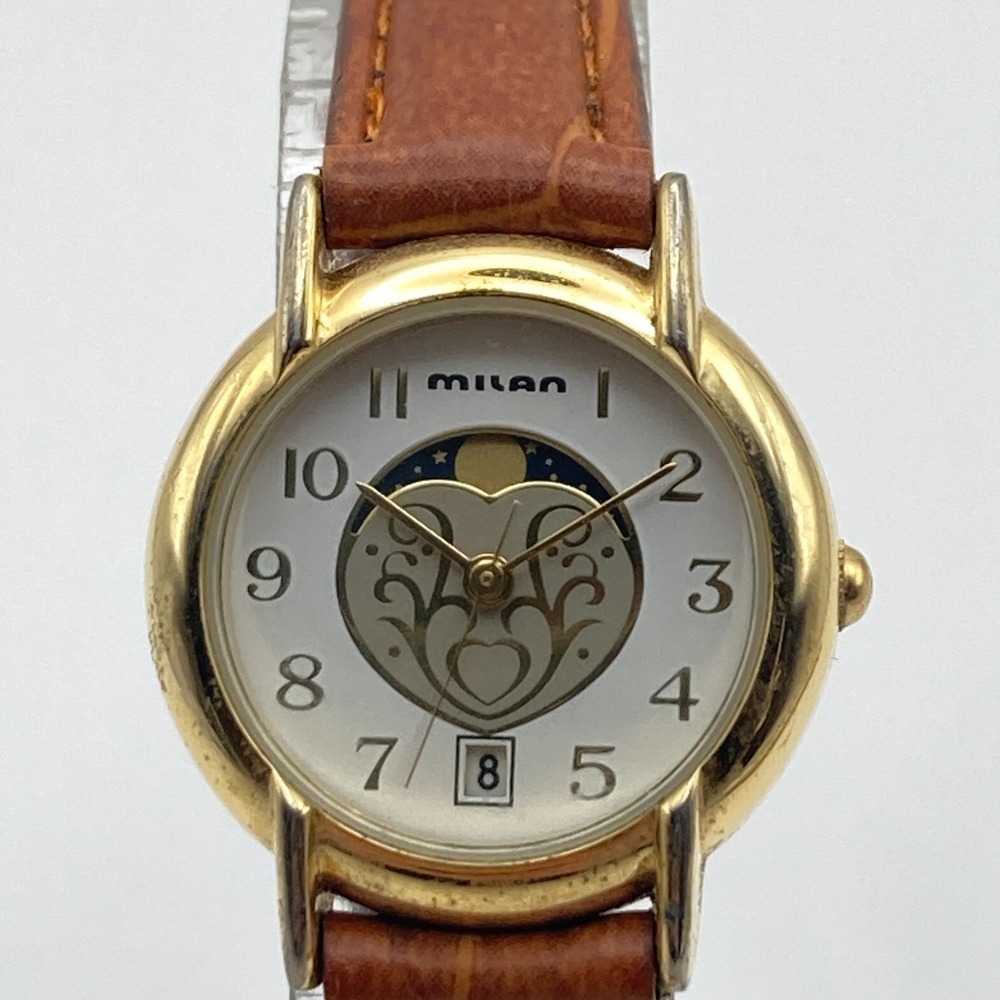 Milan Women's Moon Phase Watch Gold Tone Date 25mm Heart New Battery SMALL 7.5"